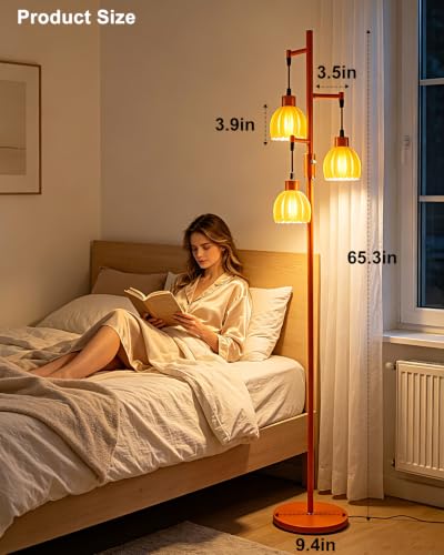 Image of Lightdot 65'' Glass Floor Lamp Dimmable Orange with Lotus Glass Shade & 3000K Bulbs Included 3-Lights Modern Tall Standing Lamp with 5Lbs Heavy Base for Living Room /Bedroom /Sofa /Corner Decor