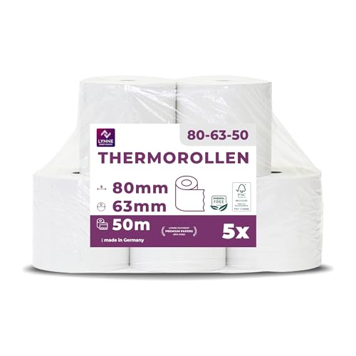 5 sztuk rolek termicznych/rolek do bonów/rolek kasowych 80 mm x 80 m x 12 mm (80 x 80 x 12) do wszystkich powszechnie stosowanych drukarek atramentowych z papieru termicznego – nie zawiera BPA (B: 80 mm – Ø 63 mm x 50 m – 5 sztuk)