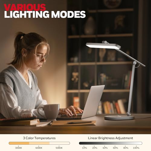 Honeywell LED Desk Lamp for Home Office - H4 Sunturalux™ Eye-Caring Desk Light, 14W Dimmable Table Lamp with 3 Color Modes, 5 Brightness Levels, Auto-Dimming, Timer, Touch Control Reading Lamp, Grey