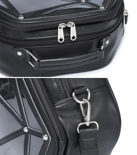 Image of Hexagonal PU Ita Backpack, Clear Pin Window Crossbody Purse for Anime Fans | Convertible Straps, Ample Room For Comic Meets & Daily Trips