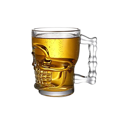 Qchomee 500ml Chope de Bière Crâne Tasse à Bière Transparent 3D Verre à Bière à Double Paroi Grand Capacité Verre à Shooter à Tête de Mort Drôle Cup Coupe à Whisky avec Poignée pour Maison Bar