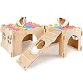 BeBeJoJo Wooden Guinea Pig House, 30x25x20cm, Pine Plywood, Rainbow, 2 Houses with Ramp, Multiple Doors & Windows, Absorbent Mats, Large Animal Shelter