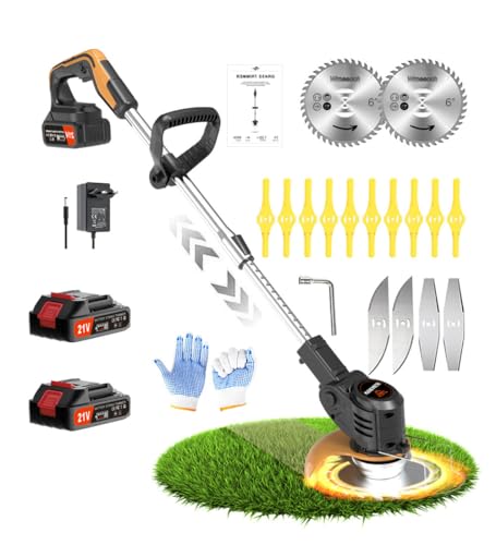 Wrneaoch 21V Desbrozadora Bateria Desbrozadora Electrica Retráctil Cortacésped con 6 000 RPM y Motor de 650 W, con 2 Baterías de 2,0 Ah, El Compañero Jardín y el Cuidado del Césped