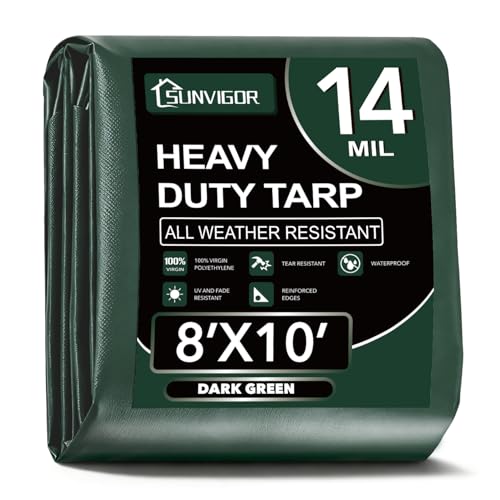 Sunvigor Tarp Waterproof 8x10Ft, Extra Thick 14 Mil Heavy Duty