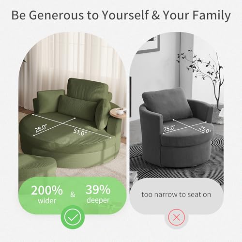 Oversized 360° Swivel Barrel Chair with Storage Ottoman & Rotatable Tray Table, Modern Elegant 51’’ Corduroy Accent Chair with Cresent-Shaped Ottoman, Extra Wide & Deep Seat, Sage Green - Image 6