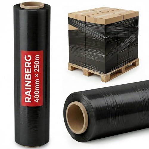 Rainberg Strong Heavy-Duty Stretch Film for Pallet Wrapping Packaging and Moving for Furniture Luggage and Parcels Water & Moisture Proof Pallet Stretch Shrink Wrap rolls 400mm x 250m (Black 1)