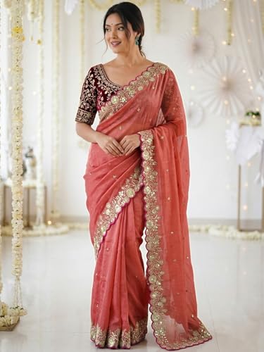 Image of SIRIL Women's Shimmer Georgette Scalloped Border Sequins Embroidery Saree with Unstitched Blouse Piece