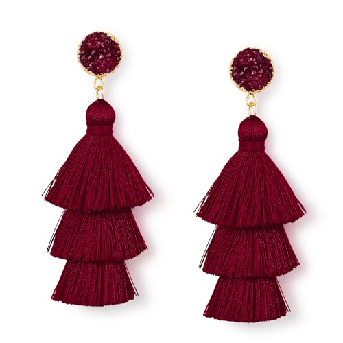 Burgundy Earrings for Women Wine Red Tassel Earring Boho Tassel Dangle Drop Maroon Earring for Women Dangling Statement Layered Fringe Dark Red Christmas Earrings Burgundy Jewelry Gift