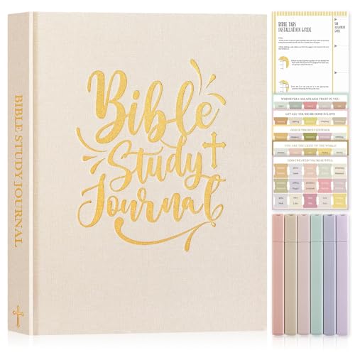 Image of Lanpn Bible Study Guide Journals for Women with Tabs & Highlighters, Church Notes Taking Daily Devotional Journaling, Linen Bible Prayer Notebook Christian Religious Faith Based Gifts, Beige