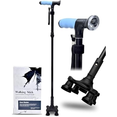 Sangohe Walking Cane for Men & Women - Walking Stick Adjustable, Pivot Tip Four Legs Base, Safety Light, Travel Bag - Walking Sticks for Seniors & Adults - Folding Canes for Stability, Black, 929D Cover