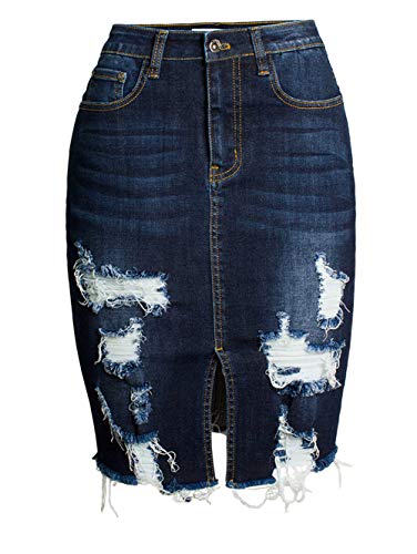 chouyatou Women's Bodycon Front Split Frayed Dark Washed Midi Denim Pencil Skirt