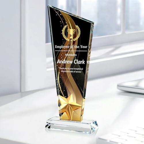 Image of Custom Crystal Trophy Award Personalized Plaque Award with Text Logo Photo Awards Trophies for Employee Recognition Team Graduation Personalized Office Gifts for Boss Coworker Teacher