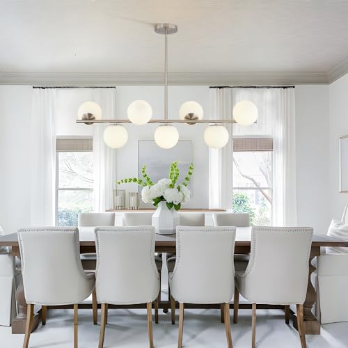 Flyrose Brushed Nickel Linear Kitchen Island Pendant Light Mid Century Modern 7-Lights Globe Chandelier Pendant Light Milk Glass Chandelier Silver Dining Room Light Fixture thumb #5