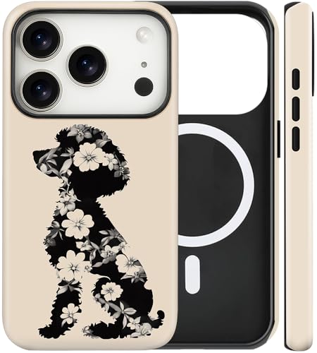 flewfun Magnetic for iPhone 17 Pro Max Case Cute Black Poodle Floral Phone Case, Dog Shockproof Slim TPU and Hard PC Protective Phone Cover Compatible with MagSafe Designed for Girls Gift