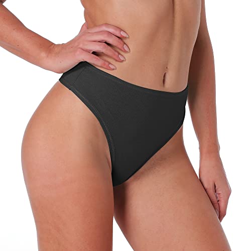 Women's High Waisted Ribbed Cotton Thongs Stretchy Sport Panties High Cut Breathable Underwear 6-Pack3
