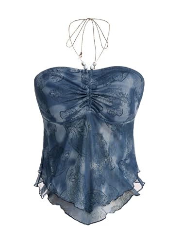 Floerns Women's Beaded Halter Ruched Lettuce Trim Ruched Cami Crop Tube Top