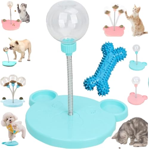 漏れるおやつボールペットフィーダーおもちゃ、漏れるボール、フードディスペンサー猫用おもちゃ、スプリング付きインタラクティブ猫用おやつディスペンサー、タンブラー猫用おもちゃ、子犬、小型犬、猫に最適、骨のおもちゃ付き(Blue)
