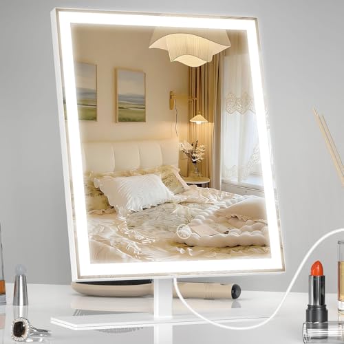 AUATZ Vanity Mirror with Lights, Makeup Mirror with 3 Color Lighting, Dimmable Vanity Hollywood Mirror, 13.5' H x 10' W Tabletop Lighted Make Up Mirror, Desktop Mirror for Teen Girl Women, White