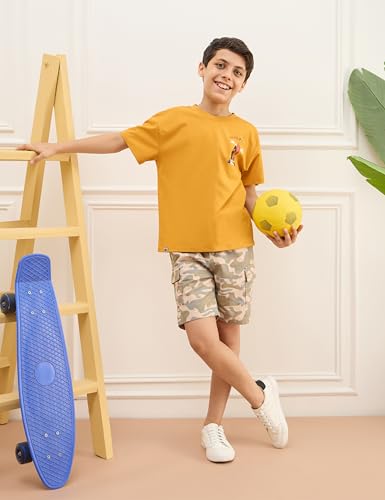 Image of Amazon Brand - Symbol Boy's Graphic Print Oversized Fit T-Shirt and Cargo Shorts (KD-TSB-SS25-10 (6-14 yrs) Mustard + Khaki Camo 6-8 Y)