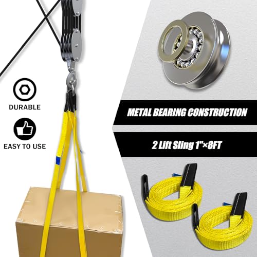 Rope Hoist Pulley System with Metal Bearing, 4400LB Pulley Block and Tackle, 8:1 Lifting Power 65ft, Heavy Duty Pulley Block for Hunting Lifting Garage Warehouses Building (with 2PCs Straps) - Image 4