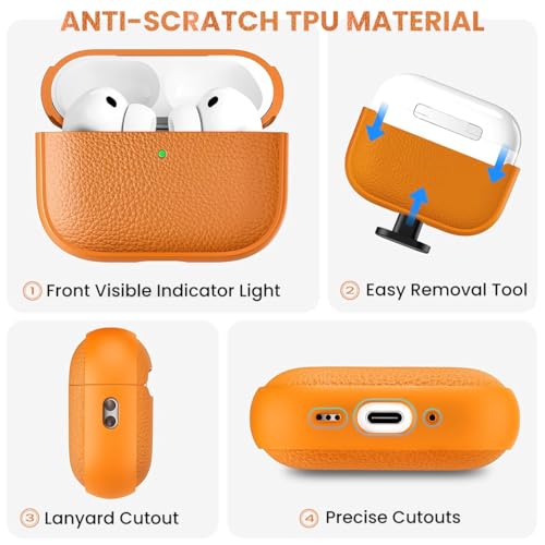 Image of ZORBES Compatible with Airpod Pro 3, TPU Earbud Charger Box Cover, Fashion Orange Lychee Pattern Anti-Scratch Protective Case Cover with Lanyard, Travel Earbud Case Cover