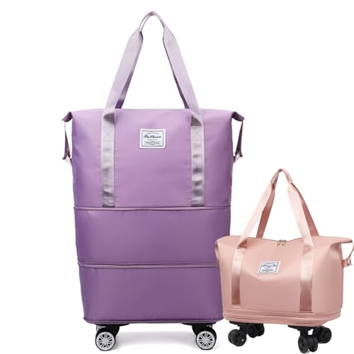 Pepepo Travel Bag with Wheels, 2025 New Large Capacity Travel Bag, Expandable and Foldable Luggage Bags, With Dry and Wet Separation Layer, Durable & Multi-functional Design (Violet)