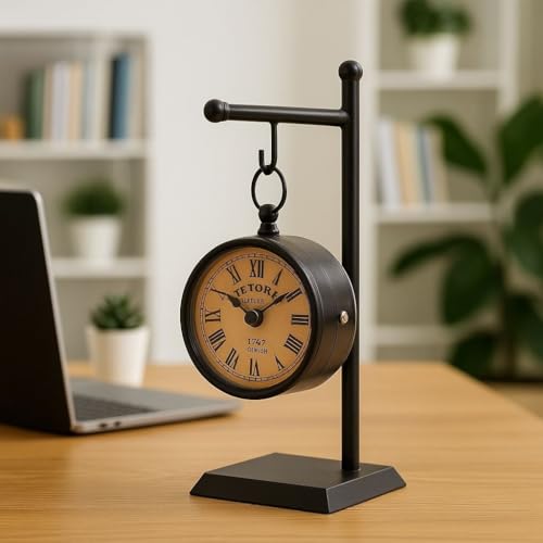 Image of 14 inch | Vintage London Station Table Clock Antique Black | Wood Iron & Glass Analog Desk Clock Home Decor