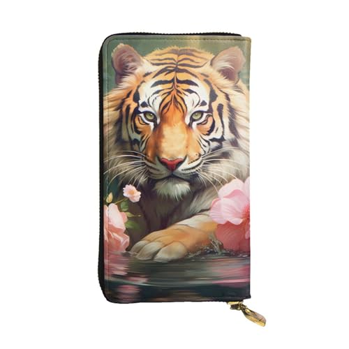 Leather Wallet - Stylish and Durable Wallet for Women with Multiple Compartments and Zipper Design Tiger and Lotus Flowers Picture