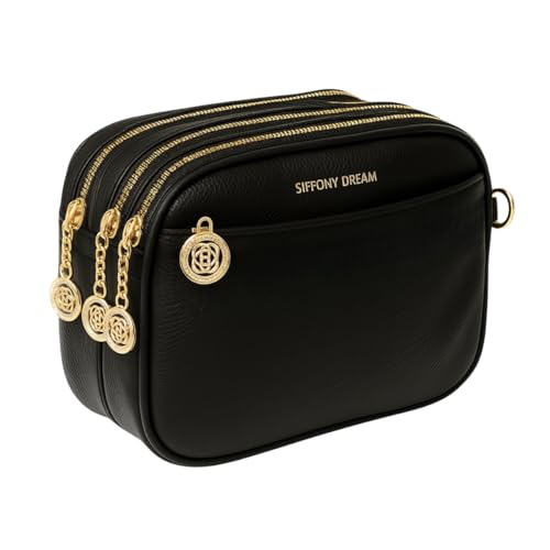 Bolsa Feminina Tiracolo Pequena 3 Zíperes Couro Sintético QUBCCUM (Preto)