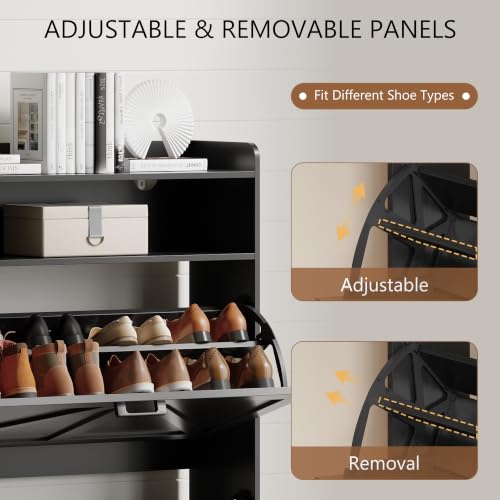 Image of Shoe Cabinet with 2 Flip Drawers, Freestanding Hidden Shoe Storage Organizer for Entryway, Narrow Slim Shoe Rack Cabinet with Open Storage & Hooks for Front Door Entrance, Living Room, Hallway, Black