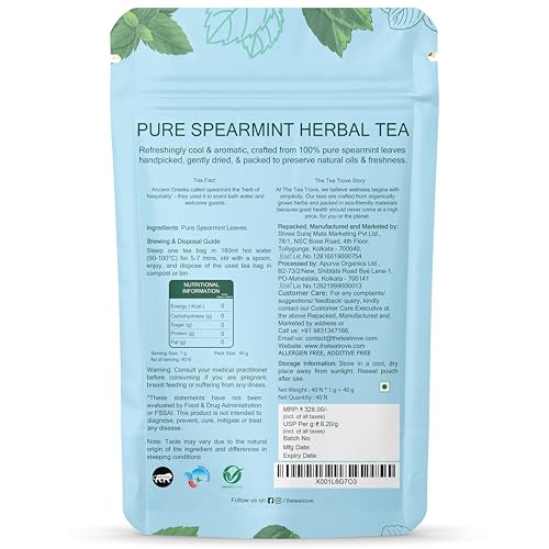 the tea trove Organic Spearmint Tea Bags - 40 Eco-Friendly Tea Bags (Pack Of 1), 0.04 Kg
