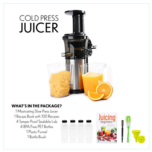Cold Press Masticating Juicer With 16 Oz Plastic Juice Bottles With Black Caps And Juicing Recipe Book, Includes Funnel And Brush #TOP1