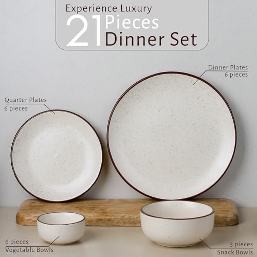 Image of The Earth Store Creme Matte Ceramic Dinner Set of 21 Pieces Serving for 6, Microwave & Dishwasher Safe Plates & Bowls for Dining, Crockery Set for Dining and Gifting