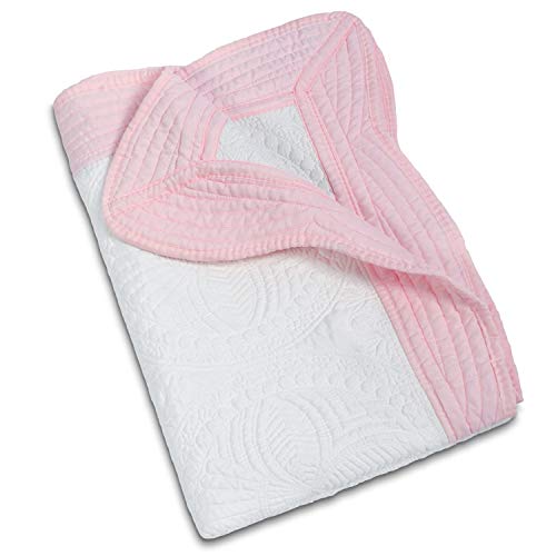 MONOBLANKS Baby Quilt Personlized Monogram Lightweight Embossed Scalloped Throw Blanket Four Seasons (White-Pink Trim)