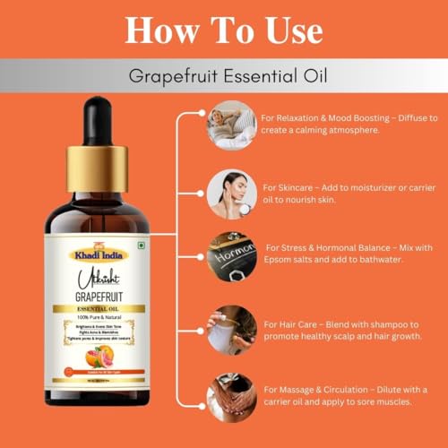 Image of Khadi Grapefruit Essential Oil 15ml | Pure & Natural Oil for Aromatherapy, Skin & Hair Care, Muscle, Joint Massage, Relaxation | Soap Making & DIY | Suitable for All Skin Types | Men & Women