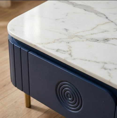 Image of Solid Wood Mandala Center Table with Sintered Stone Top for Living Room |Premium Acrylic Midnight Blue Finish | 115 cm (W) x 60 cm (D) x 45 cm (H)