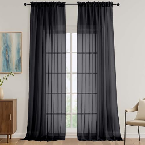 Image of OVZME Black Sheer Curtains 120 Inches Long 2 Panels Set, 59 Inch Extra Wide Soft Airy Lightweight Sheer Curtains for Living Room, Farmhouse Voile Filmy Rod Pocket Drapes, 59Wx120L Inches