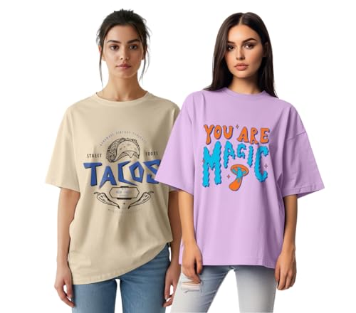 Image of JUNEBERRY 100% Pure Cotton, Pack of 2,Round Neck, Oversized Loose,Drop Shoulder,Graphic Printed, Half Sleeve T-Shirts for Women & Girls, in Different Colors, with Sizes Range from S to 2XL.