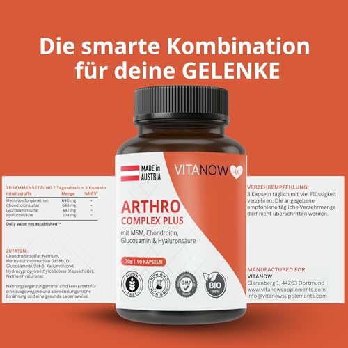 VITANOW ARTHRO Complex Plus für arthro care – 90 Kapseln – BPC-157 Hochdosiert mit MSM, Chondroitin, Glucosamin & Hyaluronsäure – Gelenkkomplex für Knorpel, Knochen & Beweglichkeit - BIO