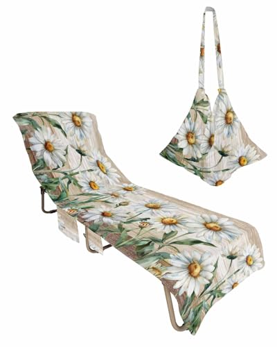 Daisy Flower Beige Beach Lounge Chair Towel Cover, Soft Chaise Lounge Towel with Side Pockets Patio Pool Chairs Cover for Beach/Pool Sunbathing 29x85 Retro Floral Plant Farmhouse Wooden