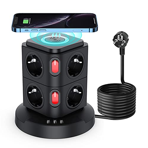 Tour Multiprise, Parasurtenseur Parafoudre 8 Prises et 3 Ports USB(2500W/10A), Chargeur sans Fil 10W, Multiprise Pare Foudre avec Câble 2M et 2 Interrupteurs, Protection Contre Les Surcharges