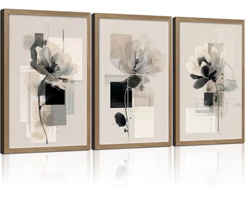 3Pcs Framed Black and White Flower Abstract Wall Art Modern Neutral Canvas Prints Posters Pictures Gallery Wall Decor Living Room Bedroom Office Apartment 12X16 Inch Ready to Hang
