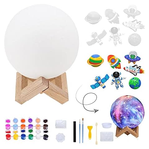 Siwinparts Paint Your Own Moon Lamp Kit LED Night Light 3D Printed Moon Lamp with Space Figurine Molds Painting Accessories and Wooden Stand - Novelty Space Gifts for Kids Boys Lovers Easter Birthday Cover