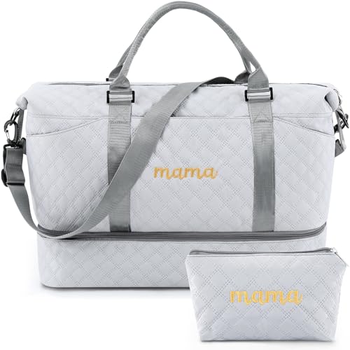 Dansydaisy Mama Hospital Bag for Women Labor Delivery Travel Duffle Bag with Shoe Compartment and Toiletry Pouch Waterproof Letter Embroidered for Pregnancy Weekender Overnight Gym Gift, Gray