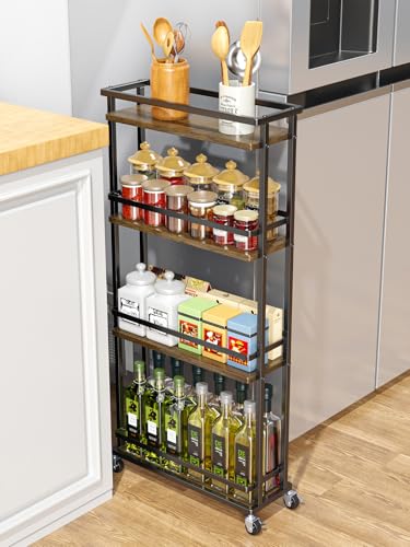 Giwil Slim Storage Cart 4 Tier Narrow Kitchen Rolling Cart on Wheels for Small Space Mobile Spice Rack Seasoning Organizer Utility Serving Cart for Kitchen Bathroom Laundry Brown