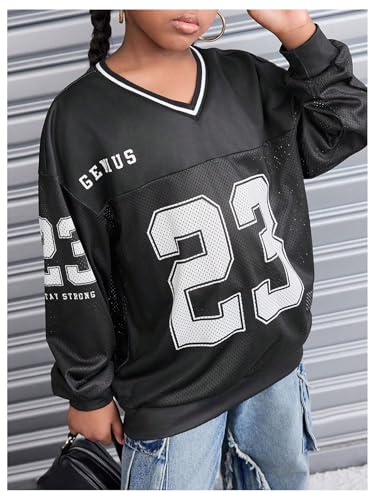 WDIRARA Girl's Y2k Jersey Sweatshirt Oversized Mesh Number Graphic V Neck Long Sleeve Pullover Tops3
