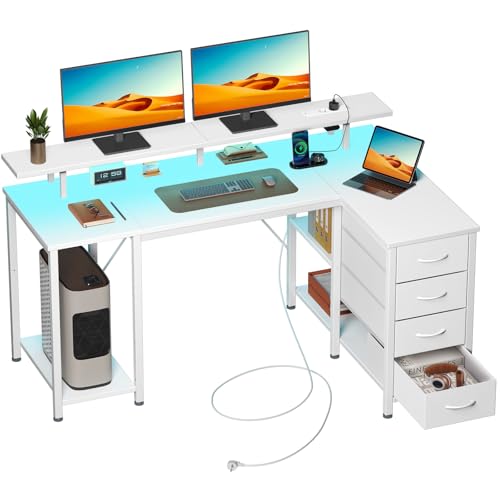 Rolanstar Schreibtisch mit 4 Schubladen & 3 Ablagen, Computertisch mit Steckdosen & LED Beleuchtung, Gaming Schreibtisch L Form für Schlafzimmer, Wohnzimmer, Homeoffice, Büro (Weiß, 140 cm) Rolanstar Schreibtisch mit 4 Schubladen & 3 Ablagen, Computertisch mit Steckdosen & LED Beleuchtung, Gaming Schreibtisch L Form für Schlafzimmer, Wohnzimmer, Homeoffice, Büro (Weiß, 140 cm)