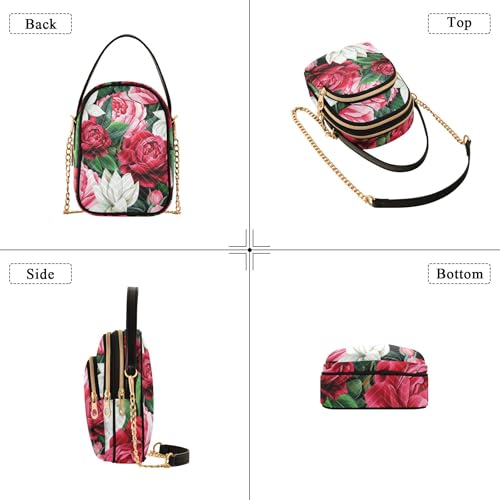 One Shoulder Handbags White Red Pink Peonies Quilted Phone Wallet Chain Strap Purse Cute Zipper Crossbody Bowler Bag, 5.9" × 8.3" × 3.1"4