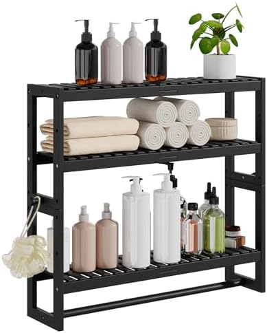 RRX Badezimmer Regal Storage Organizer,3-Tier verstellbare Schicht(Schwarz) | Bambus Lagerung über Toilette Organizer mit Bar, hängend, freistehende Regale Wand montiert Dienstprog