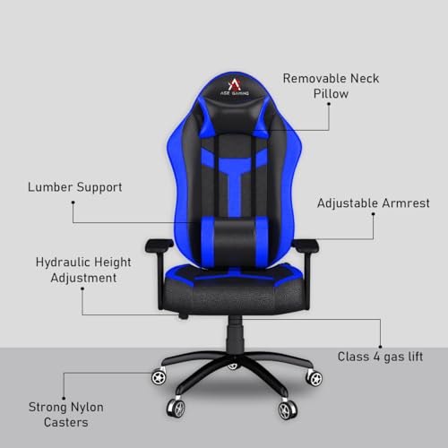 Image of ASE GAMING Ranger Series Ergonomic Gaming Chair Premium PU Leather, Adjustable Neck & Lumbar Pillow, 180 Degree Recline with Black Metal Base (Blue)